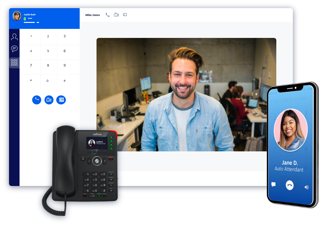 Nextiva's Cloud Phone System: Desk phone, desktop app, and mobile app.