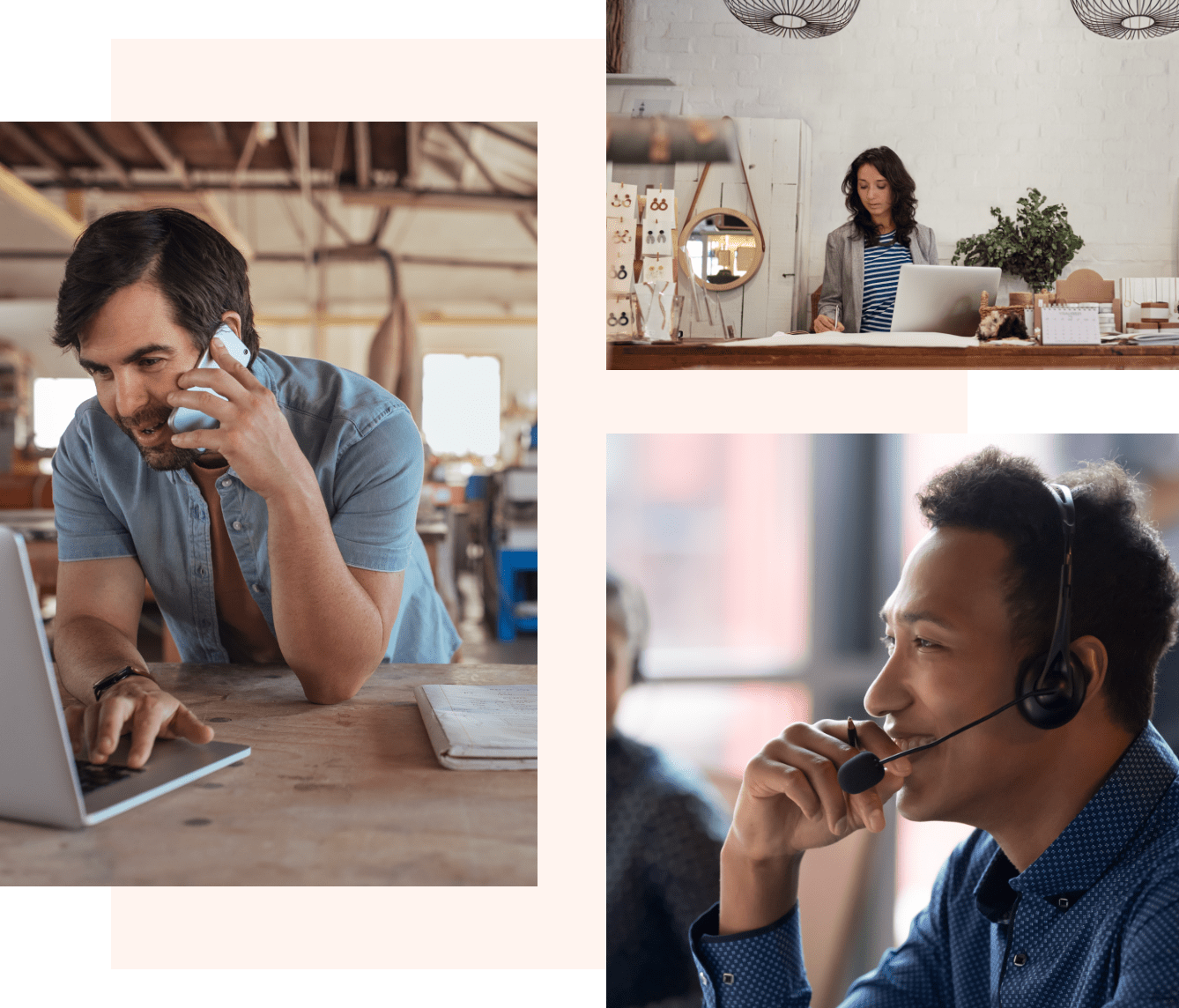 Photos of employees using a unified customer service tool on their phones and laptops.