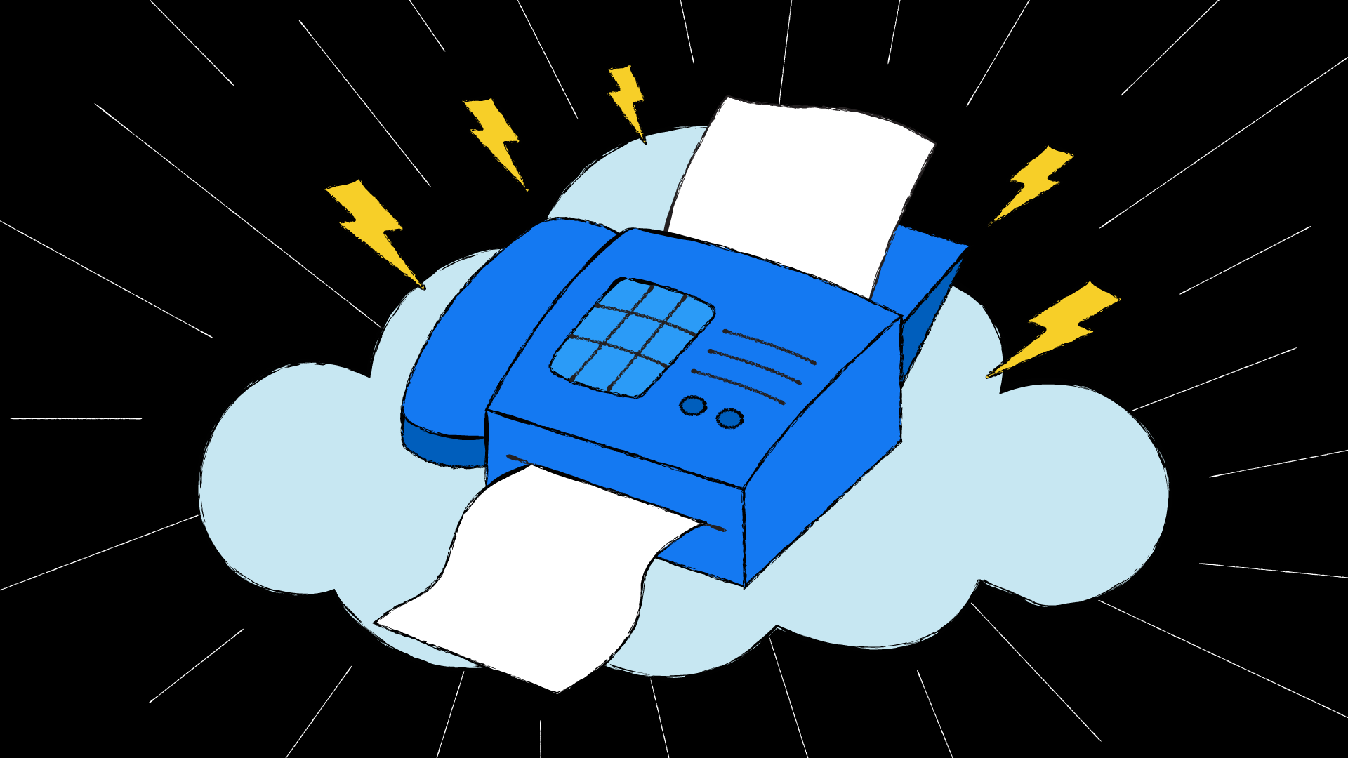 This is an illustration of a fax machine in the cloud