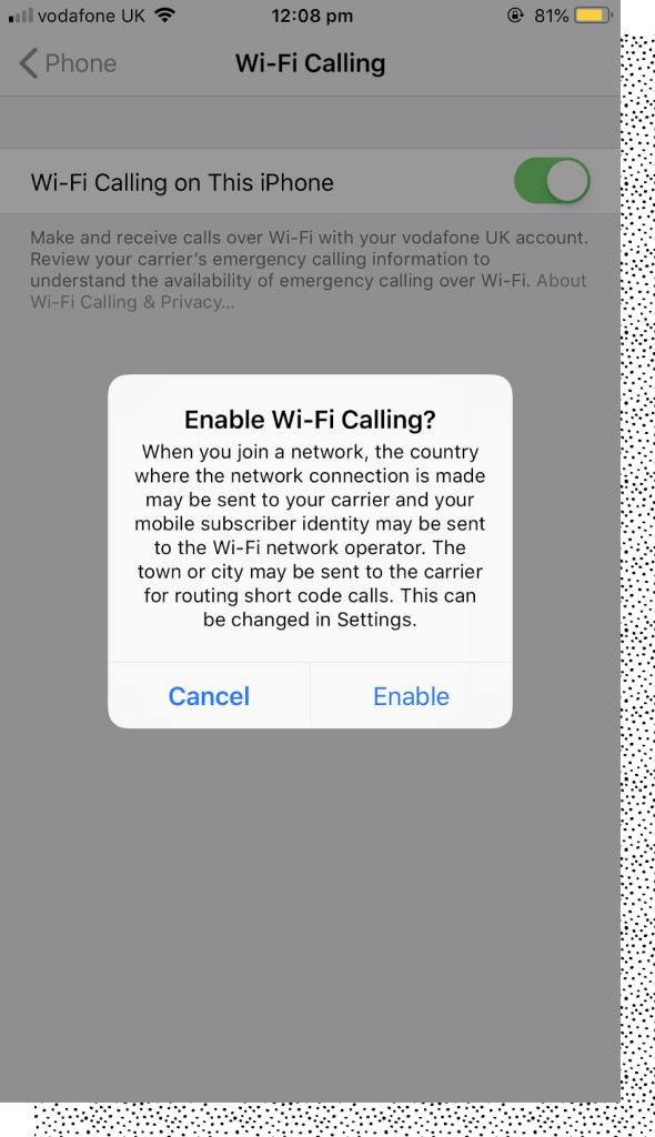 Screenshot of iPhone Wi-Fi Calling Prompt - Wi-Fi Calling