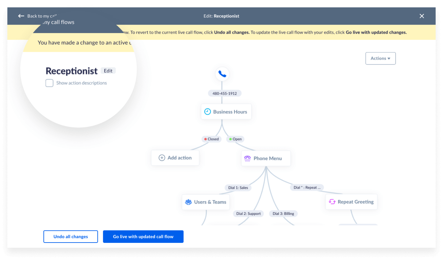 Screenshot of changing call flows in Nextiva