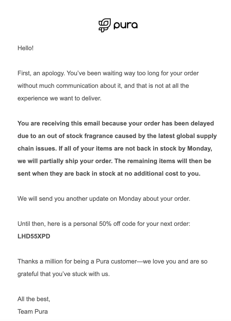 a customer service example from Pura about what to say about a shipping delay