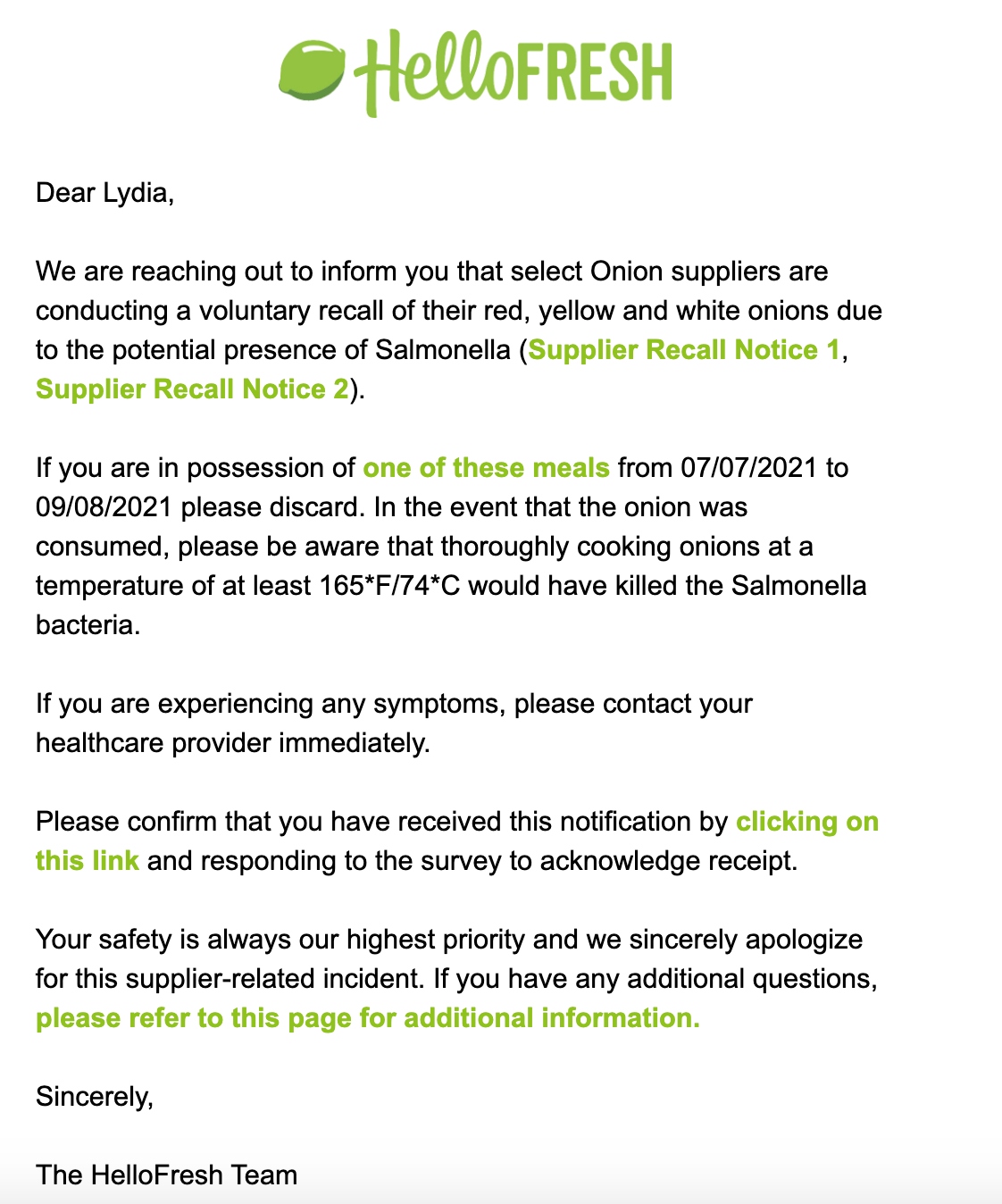 an example from HelloFresh about what to say in a customer service scenario when your company actually is at fault