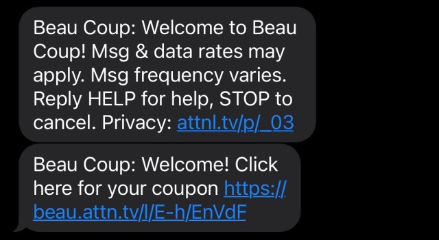 example of SMS welcome coupon