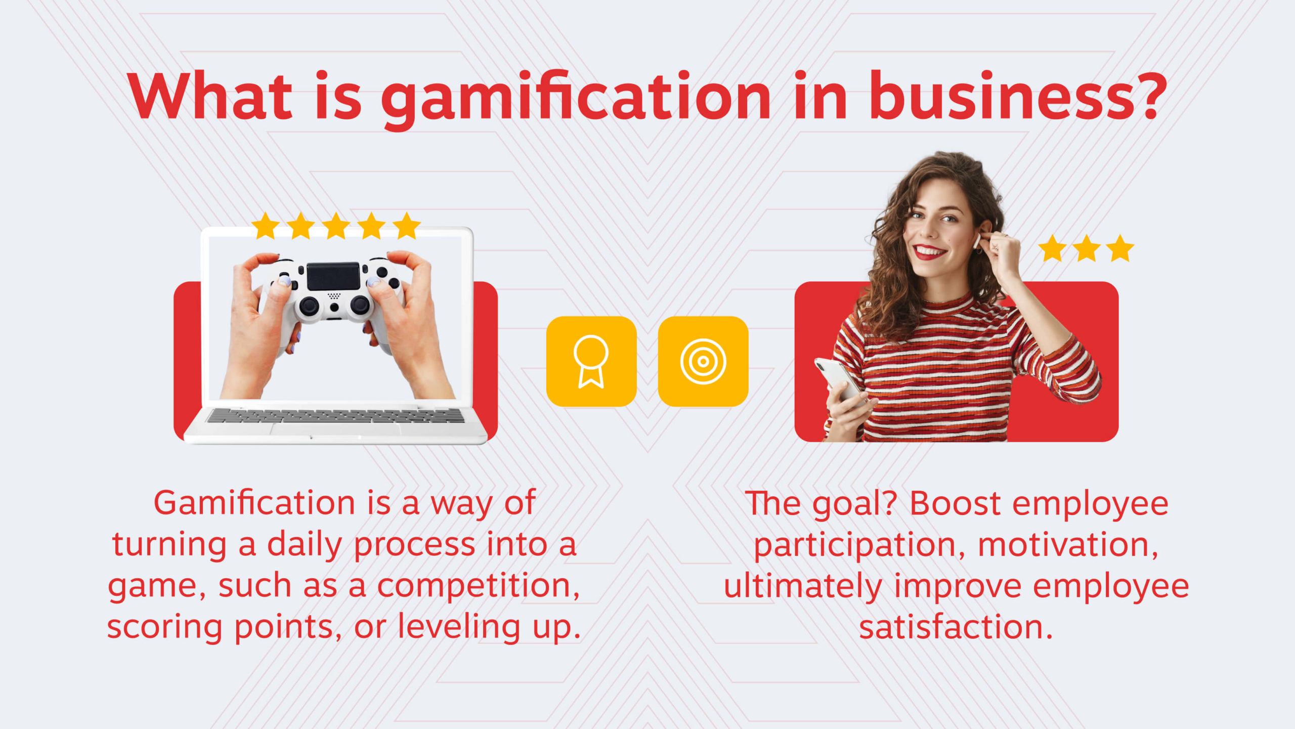 Gamification is a way of turning a daily process into a game, such as a competition, scoring points, or leveling up.  The goal? Boost employee participation, motivation, ultimately improve employee satisfaction.