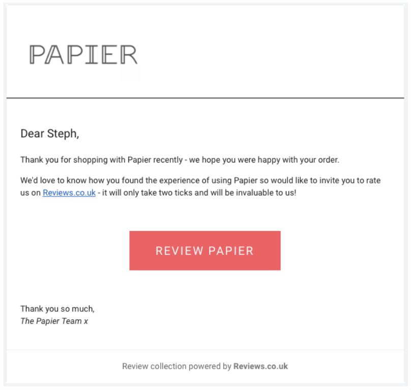 An example of how to add a review link to the review page in an email