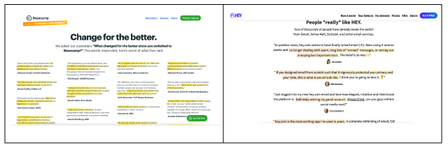 Basecamp features a seemingly endless array of customer testimonials.
