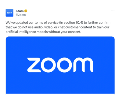 An example of how Zoom responded to allegations of using audio, video, and chat content to train artificial intelligence models without consumer consent
