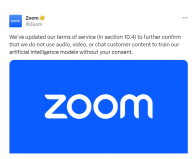 An example of how Zoom responded to allegations of using audio, video, and chat content to train artificial intelligence models without consumer consent