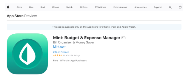 Mint’s App Store Rating (4.8) is impressive from its 780,000 user ratings - Apple
