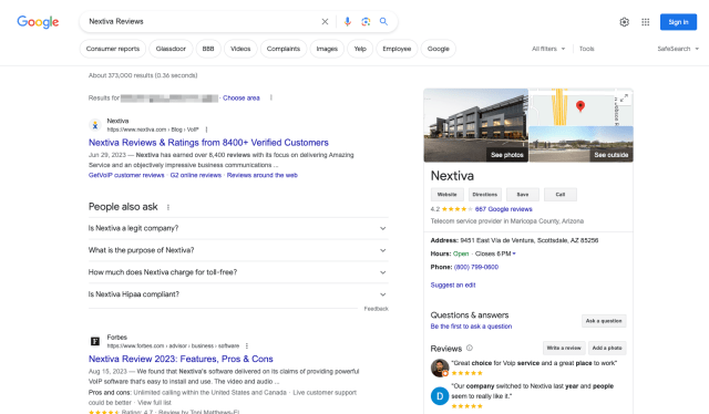 Screenshot showing how business listings enhance search visibility - Nextiva