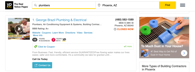 Yellow page business listing example for a plumber in Phoenix