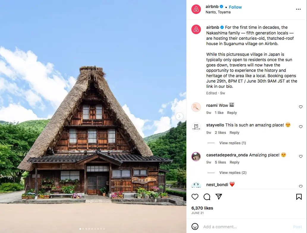 An airbnb Instagram post showcasing a new experience in Japan