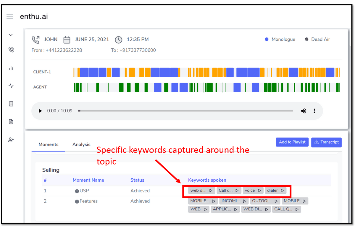 Call center functionality in Enthu.ai