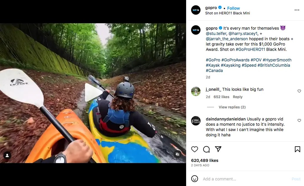 A screenshot from GoPro's Instagram showing a curated and eye-catching customer video