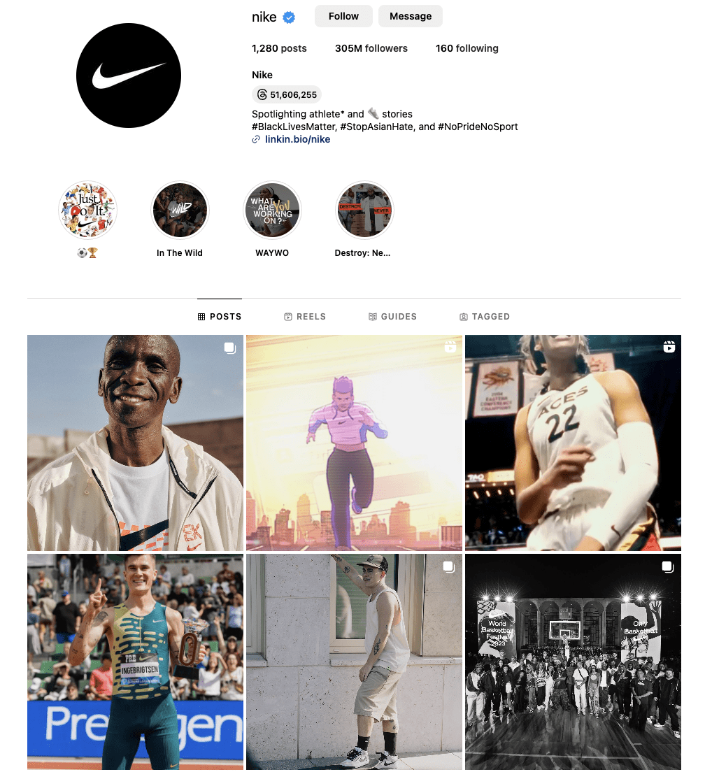 A screenshot of Nike's Instagram page showing how it uses inspiring stories from athletes to connect to its audience
