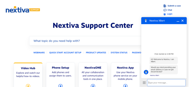 Example of a support knowledge base coupled with live chat - Nextiva