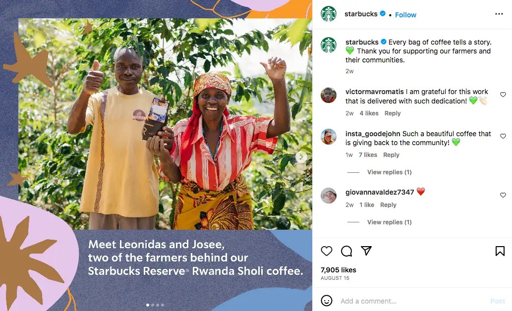 A Starbucks Instagram post showing behind-the-scene shots of the farmers that supply its coffee beans