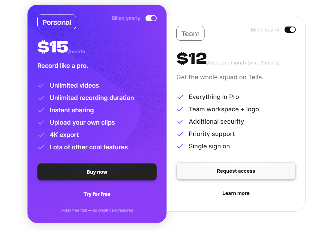 Tella pricing tiers