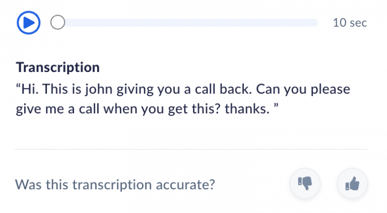 Example of a call or voicemail transcription within the NextivaONE call center software. 