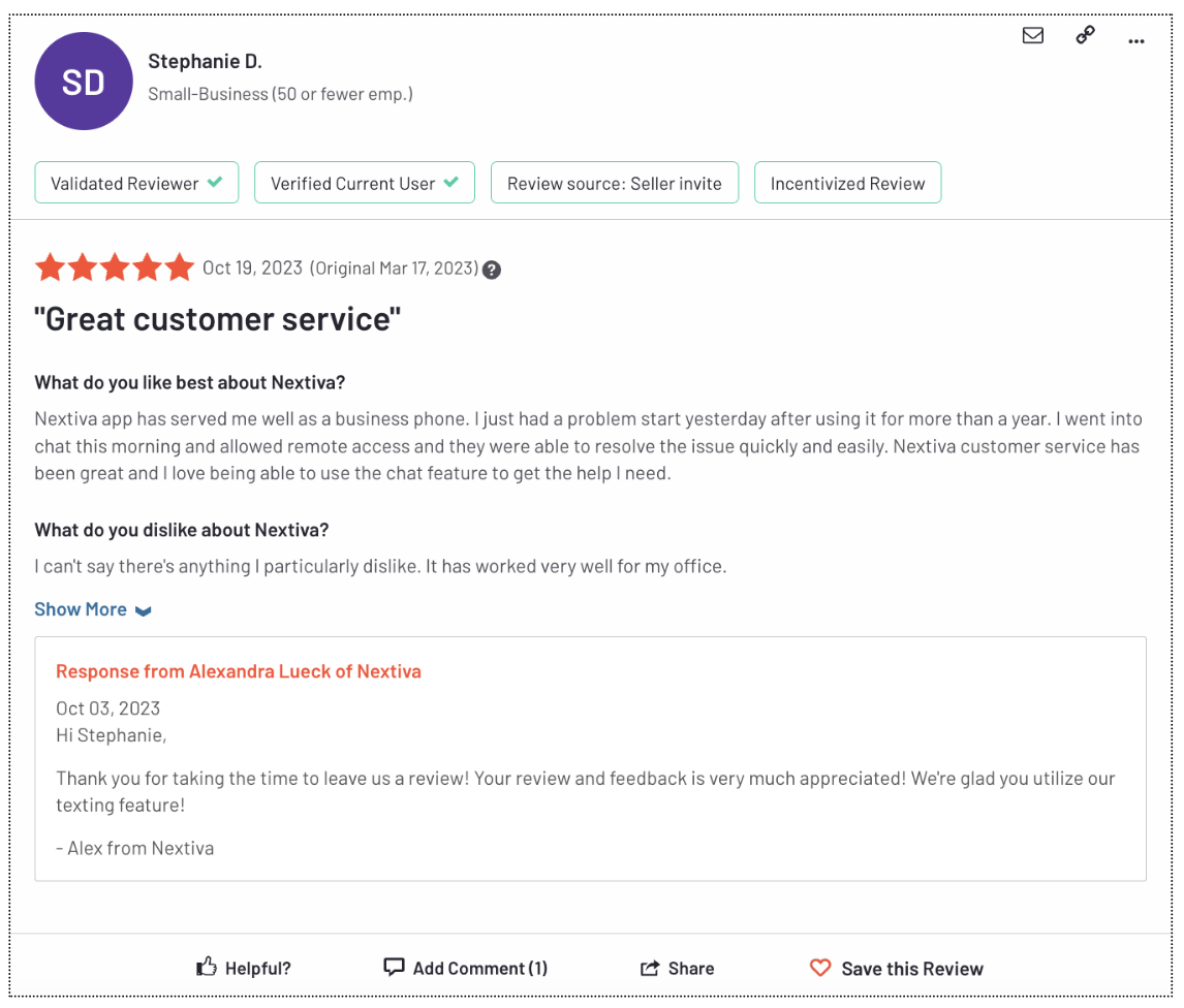 Customer feedback example