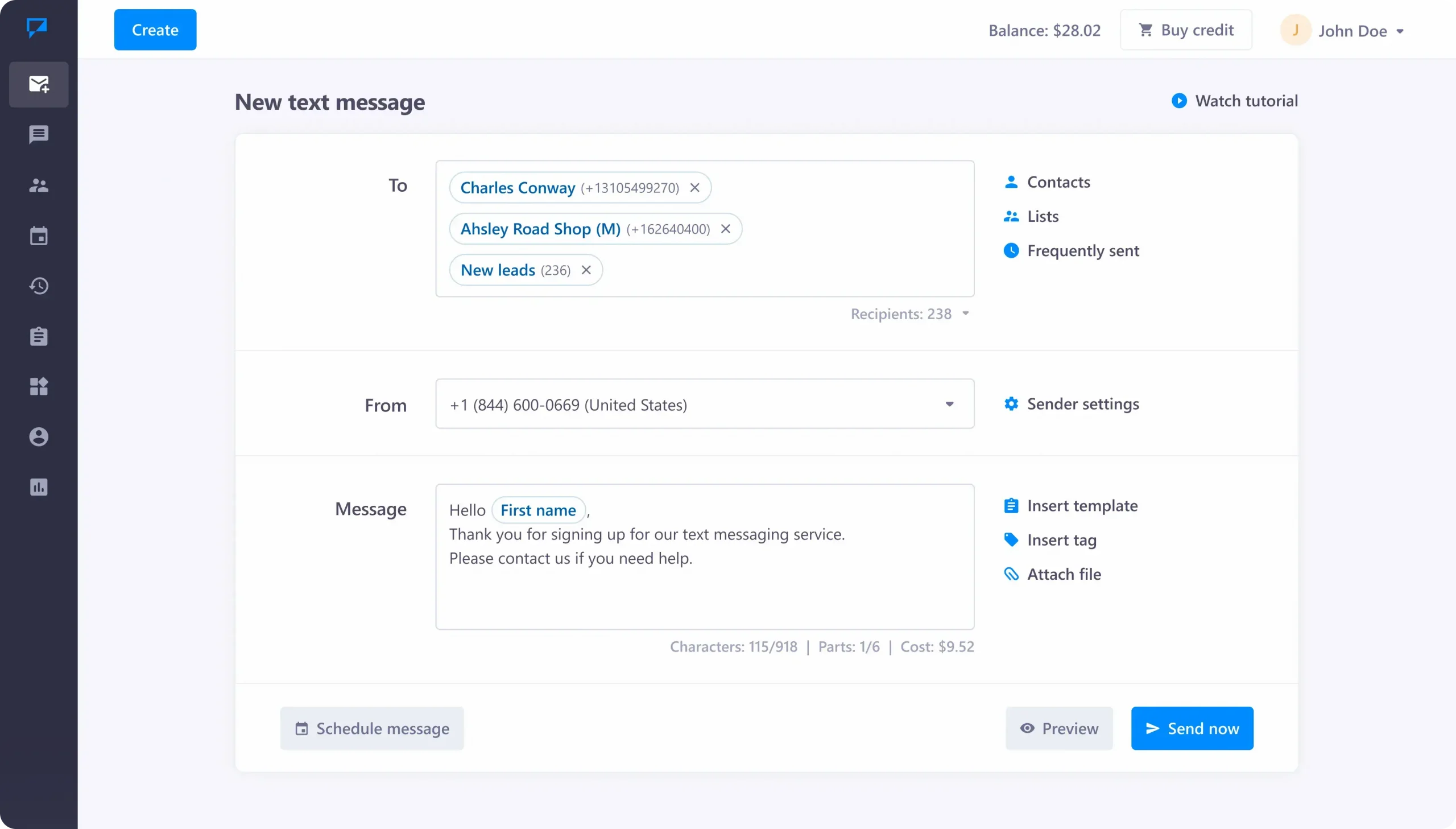 Screenshot of the TextMagic business texting service with A2P 10DLC support.