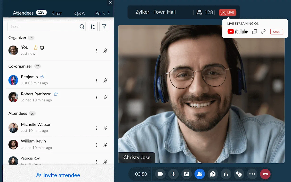 A screenshot of Zoho Meeting's video meeting software.