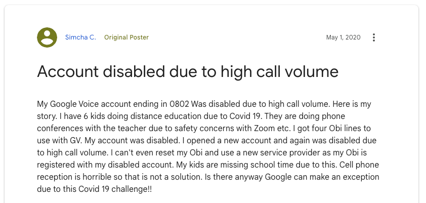 Posts of a user with their Google Voice account disabled due to call volume. 