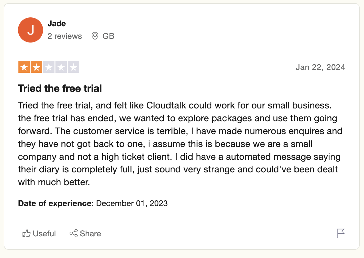 A Trustpilot review from a small business owner who gave CloudTalk a shot