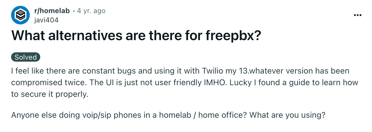 Question about FreePBX alternatives on Reddit