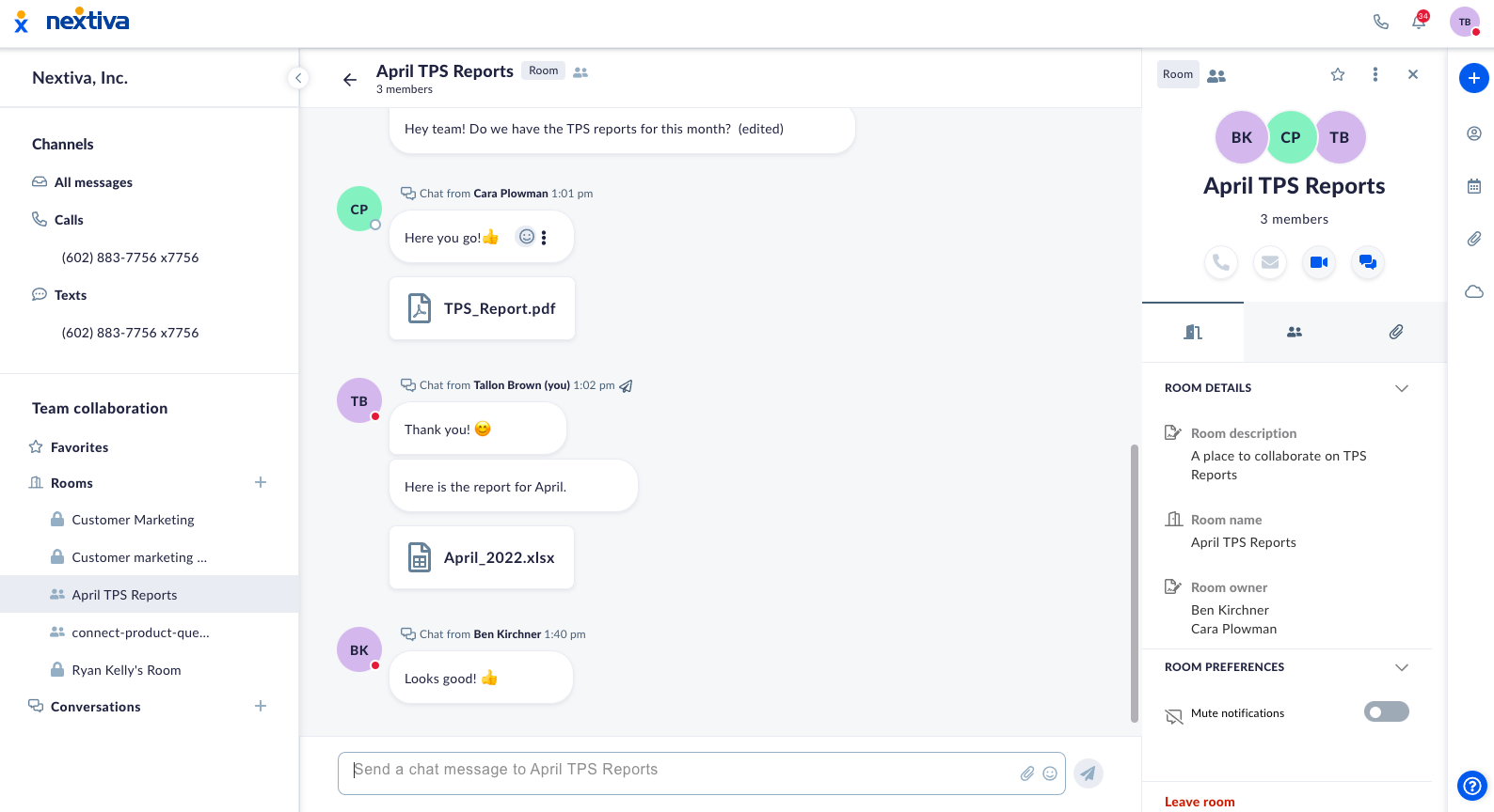 Nextiva's team chat interface