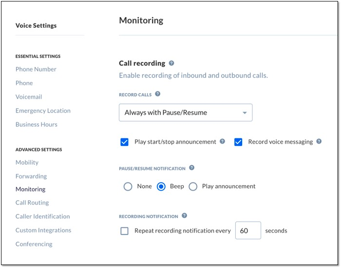 Screenshot of call recording and monitoring screen