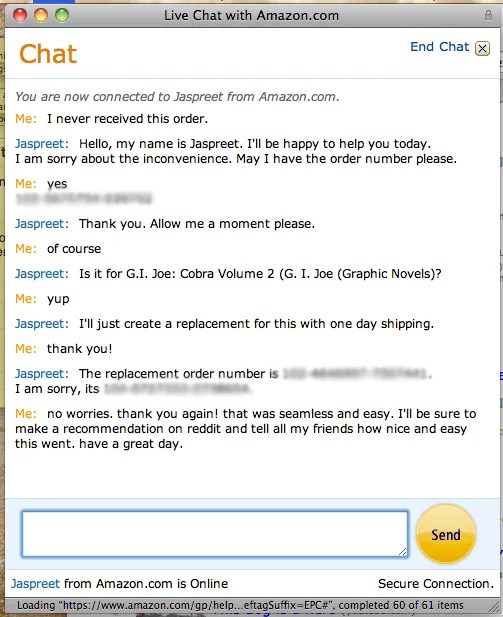 Screenshot of live chat with Amazon customer service rep providing a super quick return