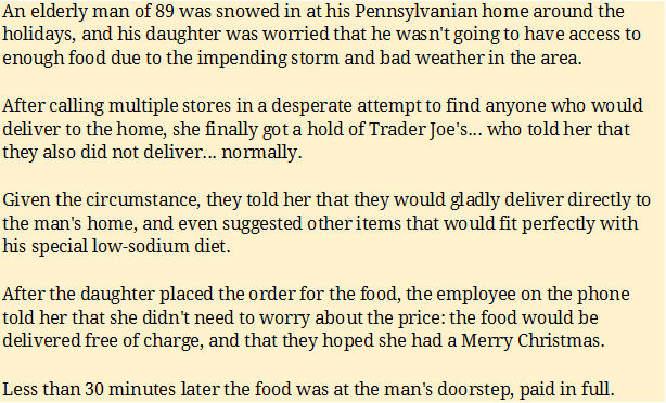 Trader Joe's customer service example of a customer service rep who delivered groceries