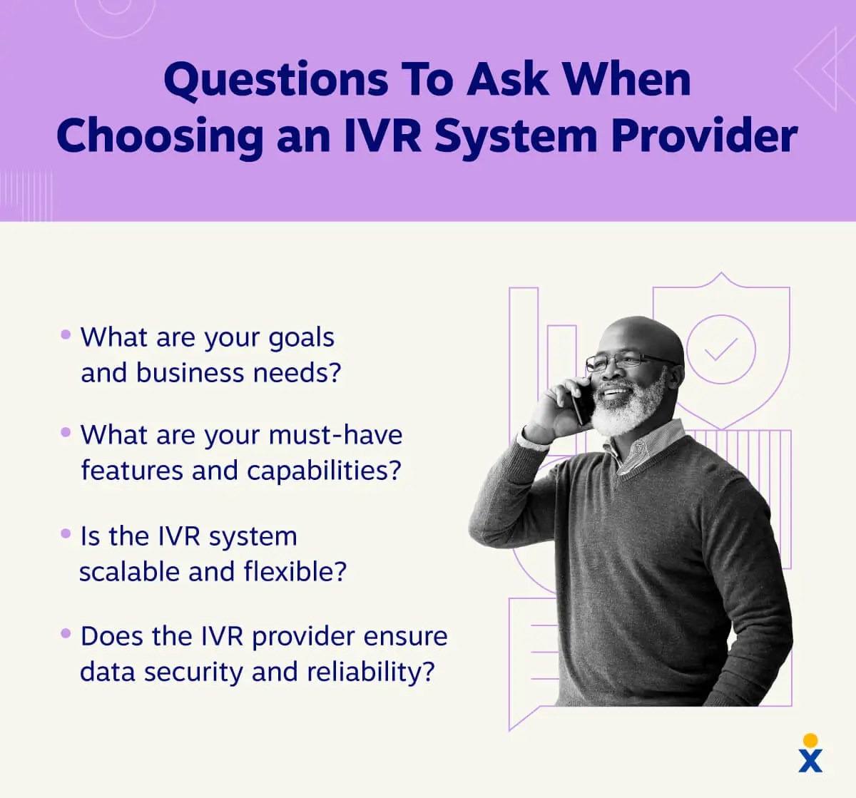 A person talking on the phone stands next to a list of questions to ask when choosing the best IVR system provider.