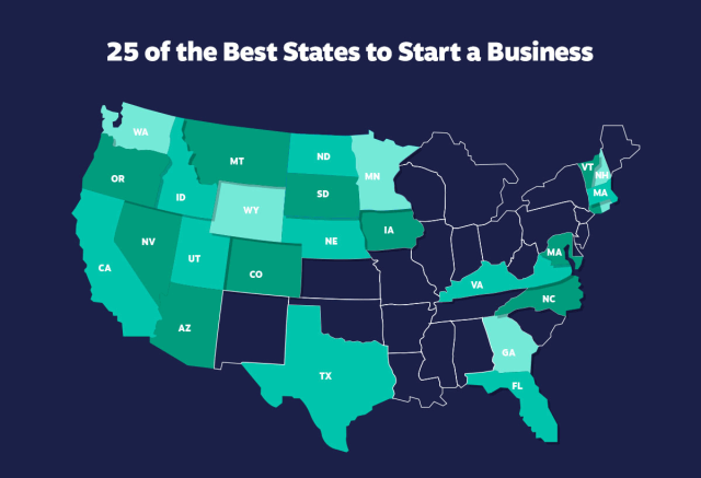 Map showing 25 best states to start a business in the US