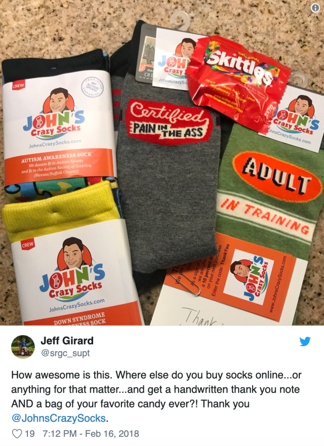 Screenshot of a tweet to John's Crazy Socks