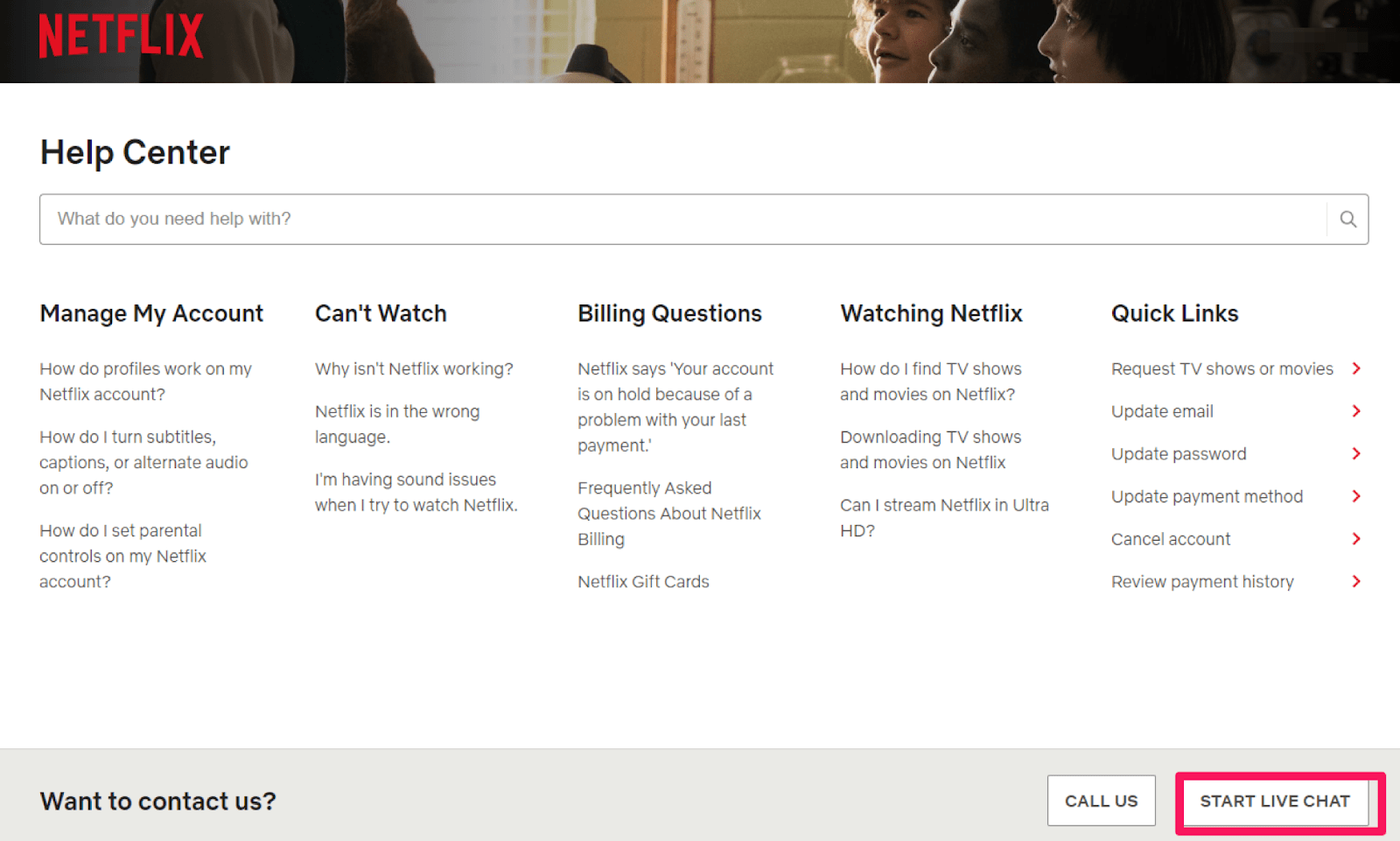 Screenshot showing the Netflix customer service live chat option