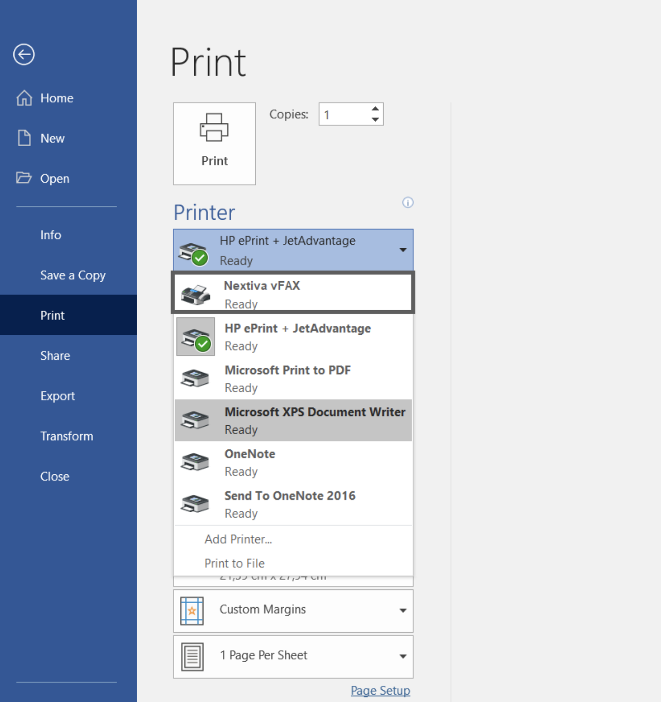Screenshot showing printing options