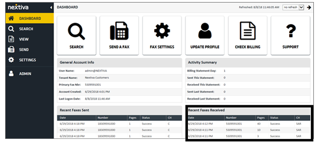 Screenshot of the vFax dashboard