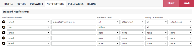 screenshot of the vFax notifications settings