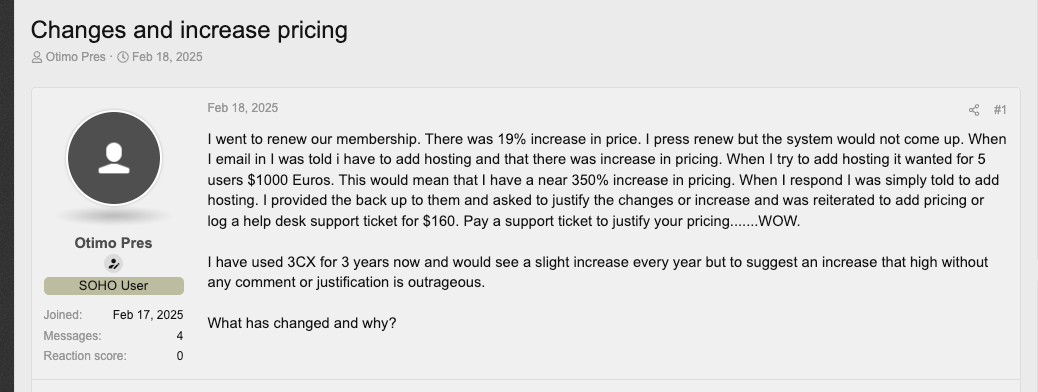 3CX Pricing Increase - User Feedback Posted on Forum