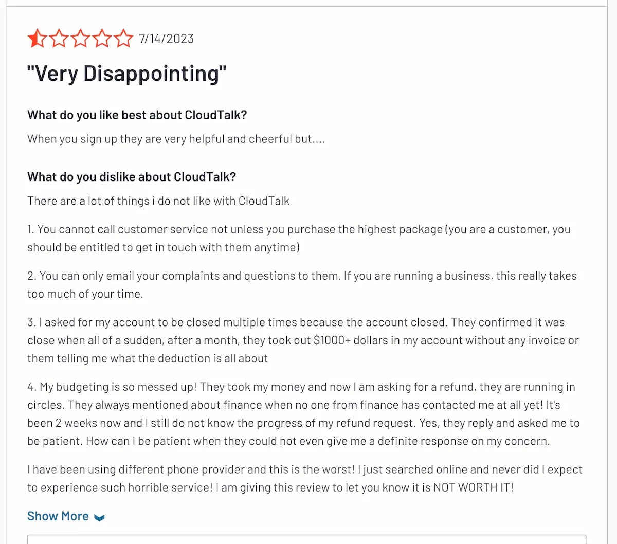 CloudTalk negative review