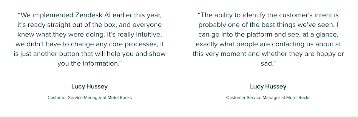 Zendesk’s AI chatbot testimonials