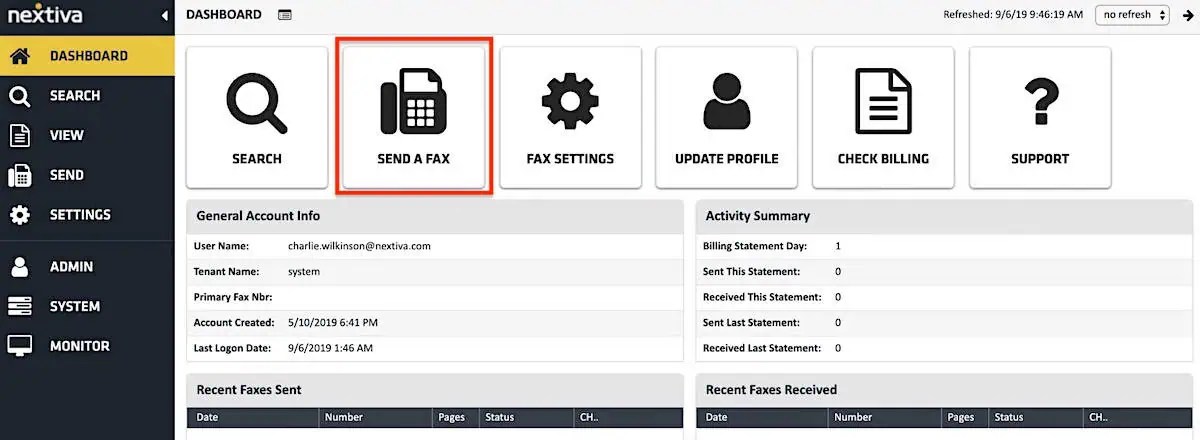 Nextiva dashboard showing options to send a fax, search, update profile, and view account activity.