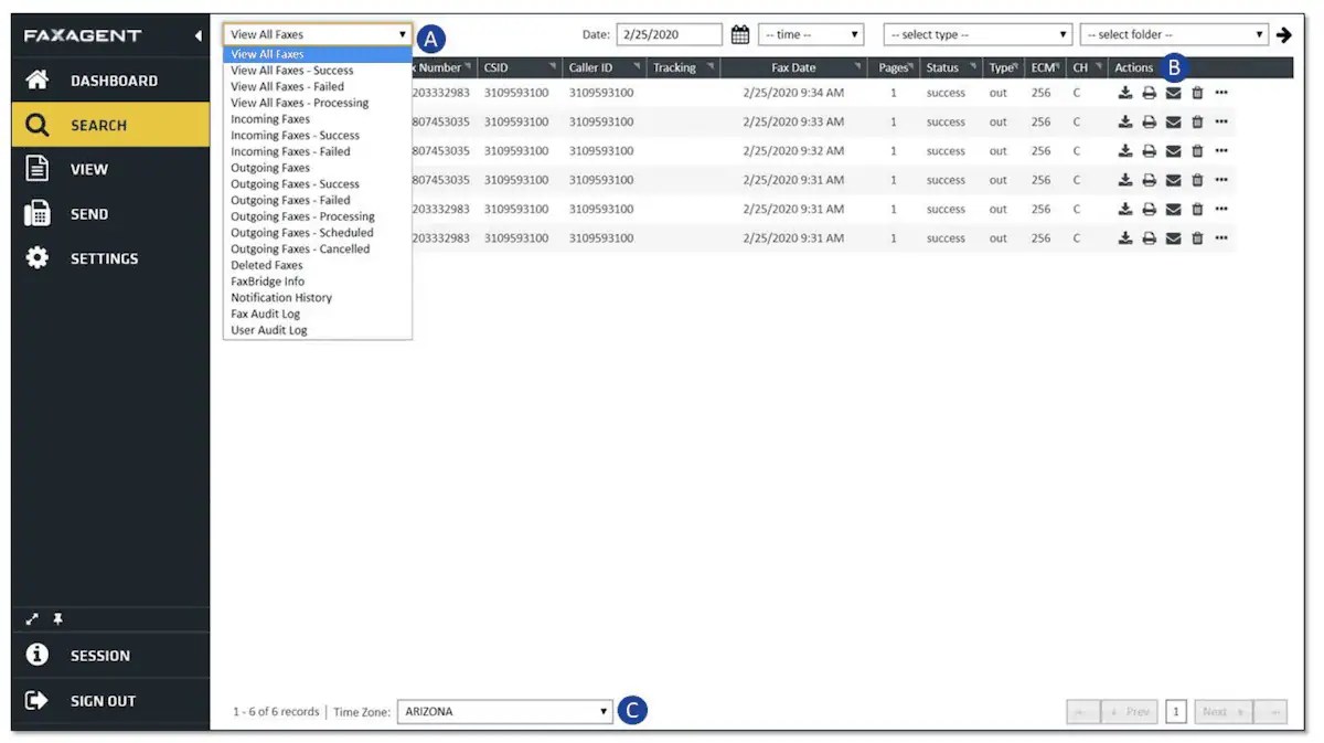 The fax dashboard interface displays a list of sent and received faxes with status filters.