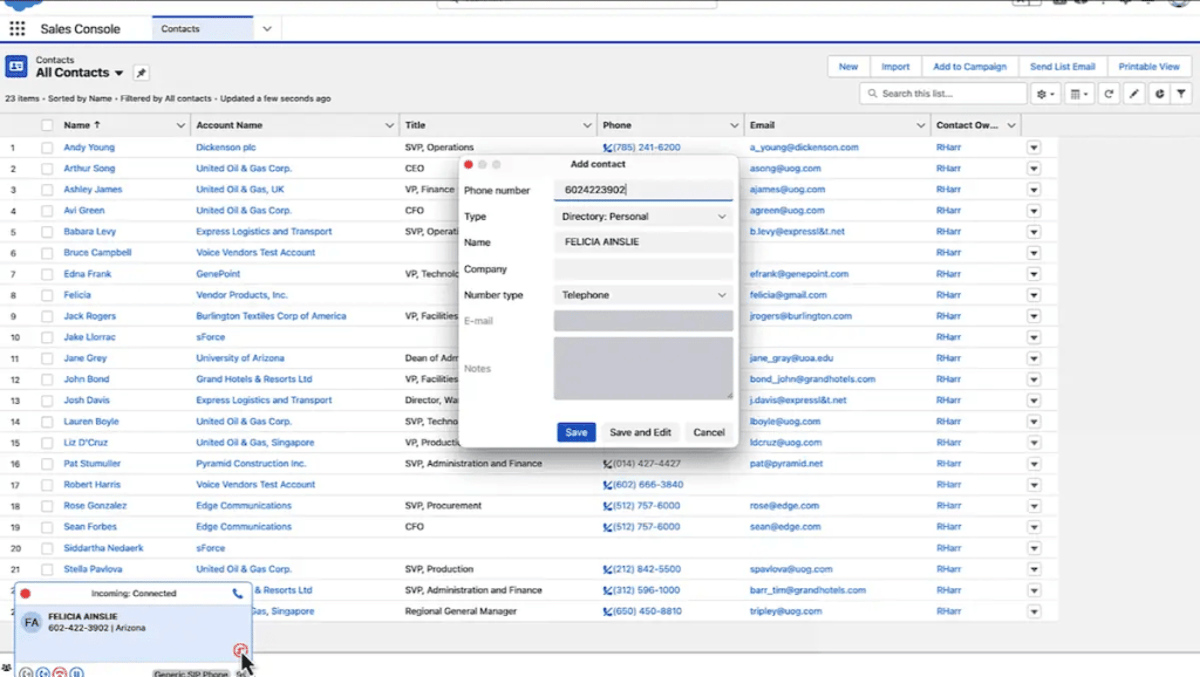 Sales Console all contacts