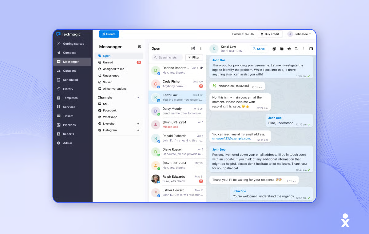 Conversation inbox from the best text messaging service for business, where chats are organized and assigned to team members.