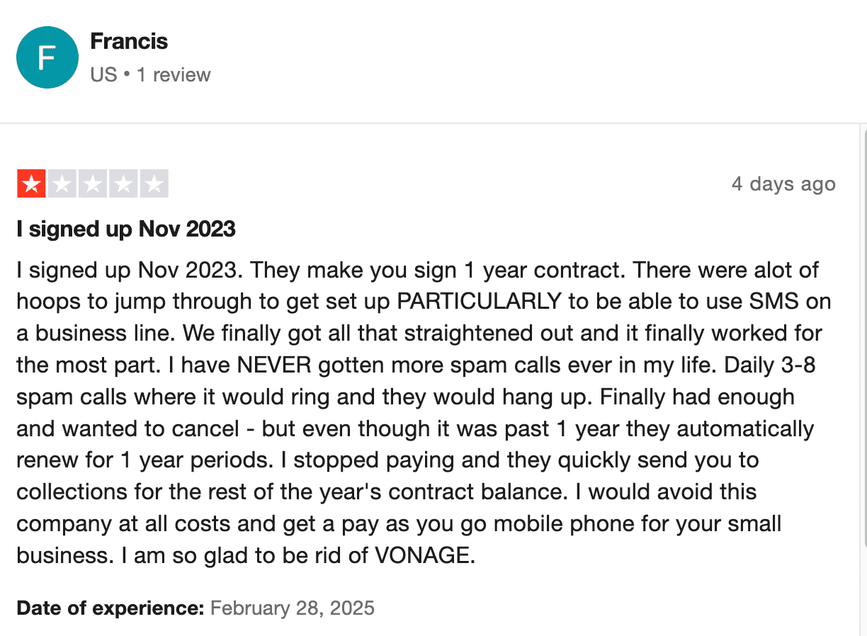 Vonage pricing - One Trustpilot user says: