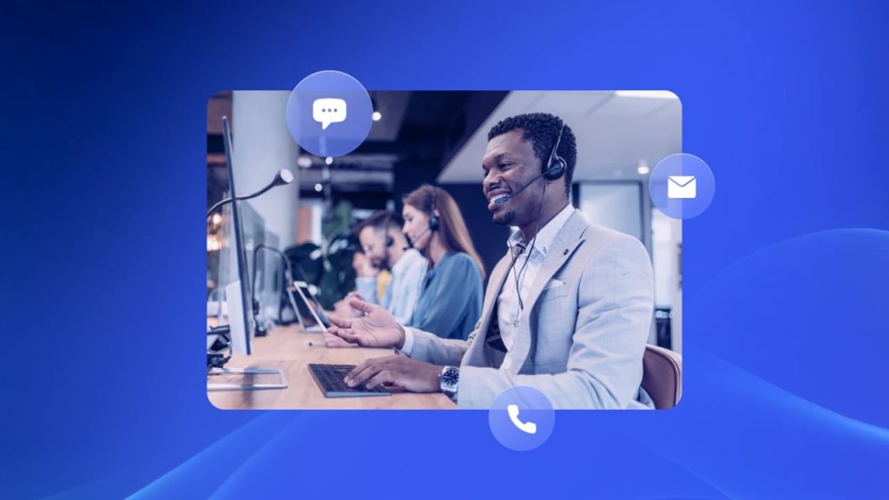 Omnichannel vs. multichannel hero image of call center employees talking on the phone.